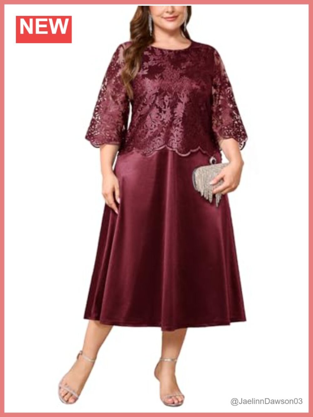 Plus Size Faux 2 Piece Satin Midi Dress Floral Lace Overlay Wedding Guest